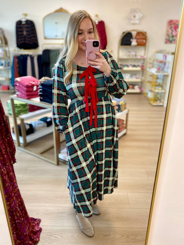 FINAL SALE Green & Red Plaid Bow Detail Midi Dress