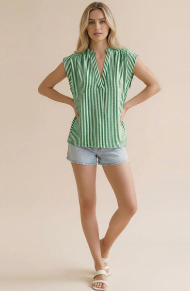 Green Striped Notch Neck Drop Shoulder Top