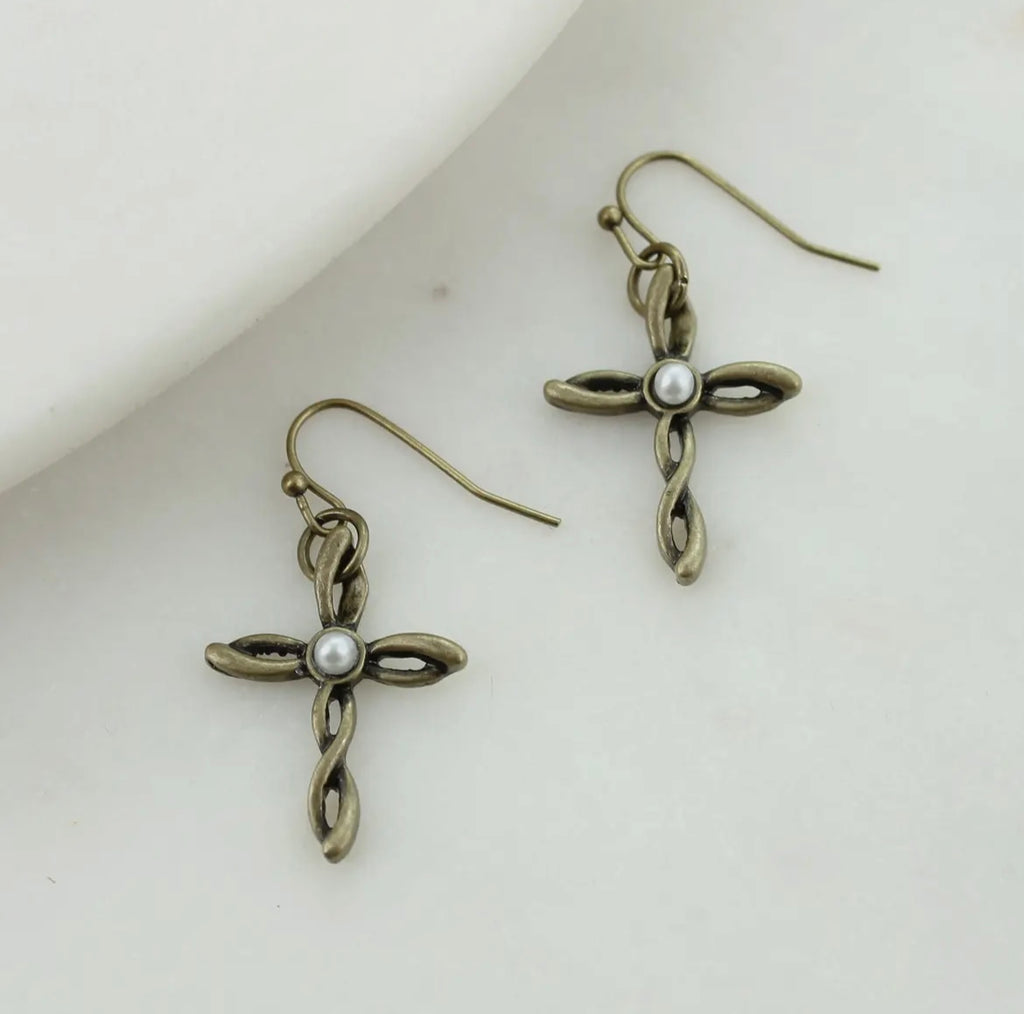 Pearl Twisty Cross Earrings