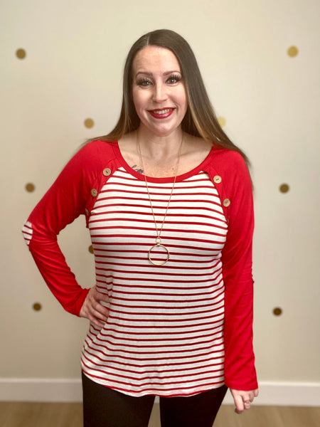 Red & Ivory Striped Heart Detail Top