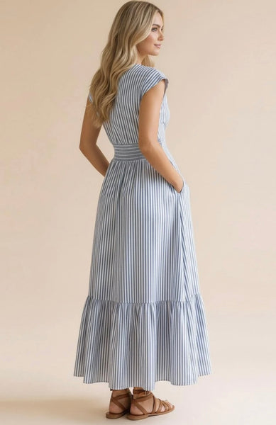 Blue Pleated Striped Smocked Maxi Dress