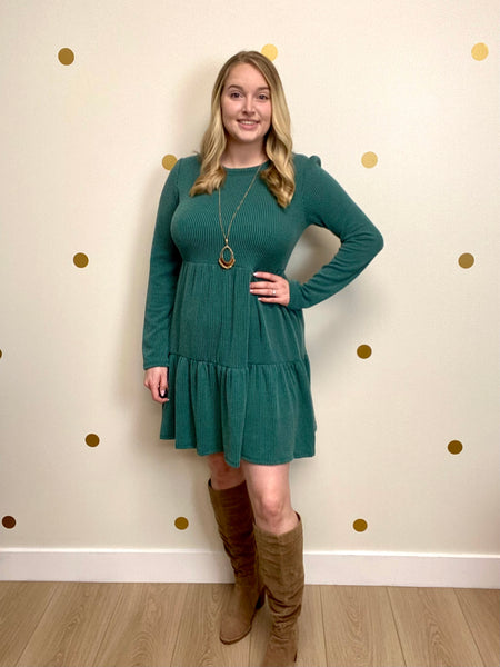 Hunter Green Ribbed Tiered Dress