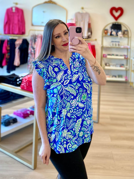 Royal Blue Floral Flutter Sleeve Top