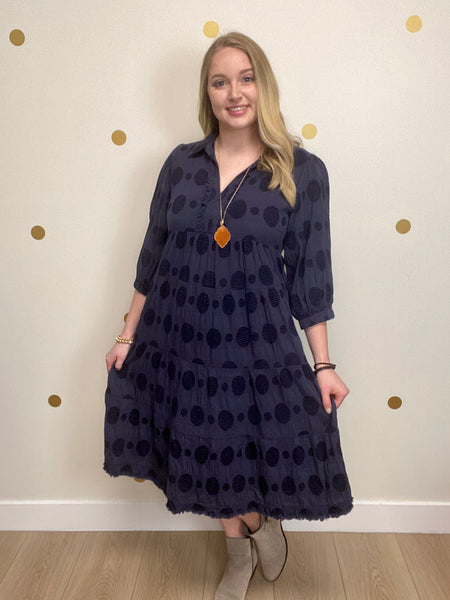 Umgee Navy Dot Frayed Midi Dress