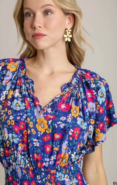 Umgee Blue Floral Tiered Dress