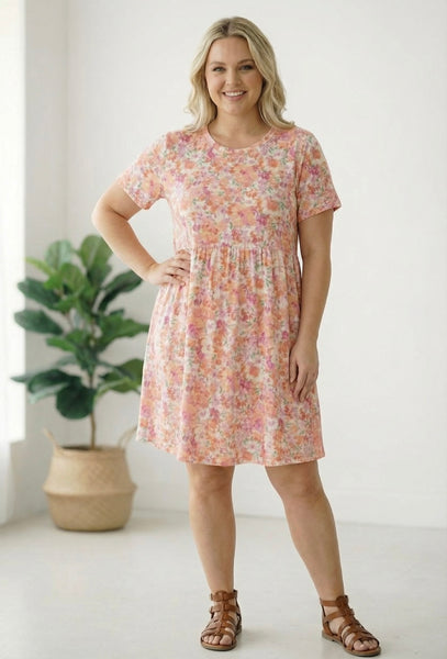 Peach Floral Babydoll Pocket Dress