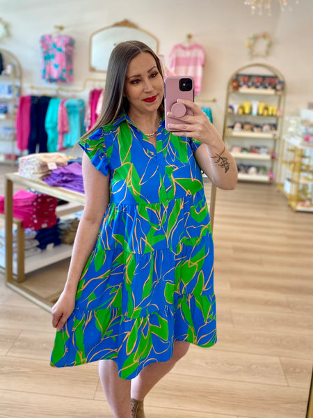 FINAL SALE Blue & Green Print Tiered Dress