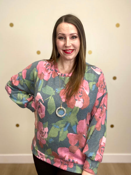 Hunter Green Floral Brushed Hacci Top