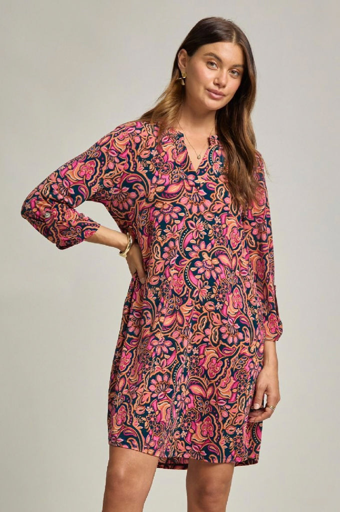 Dark Teal & Pink Print Pocket Dress