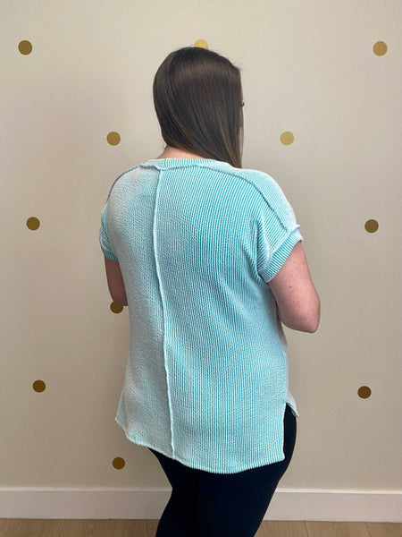 FINAL SALE Aqua Ribbed Eyelet Contrast Top