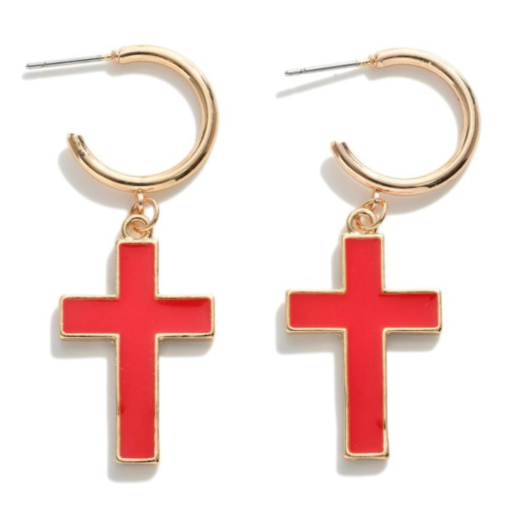 Red Hoop Cross Earrings