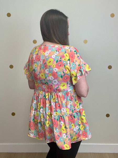 FINAL SALE Pink Floral Tiered Ruffle Sleeve Top