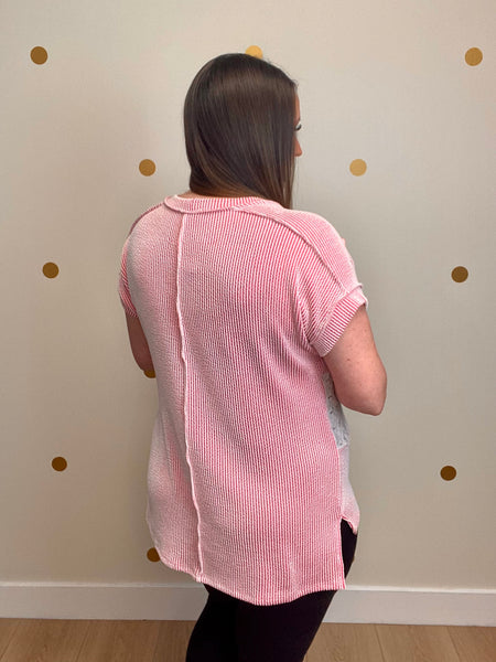 FINAL SALE Pink Ribbed Eyelet Contrast Top