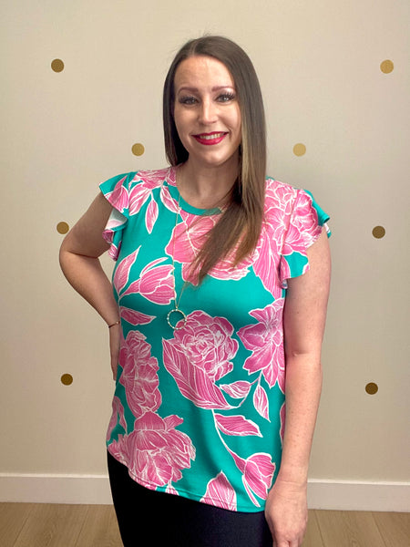 FINAL SALE Teal & Pink Floral Print Top
