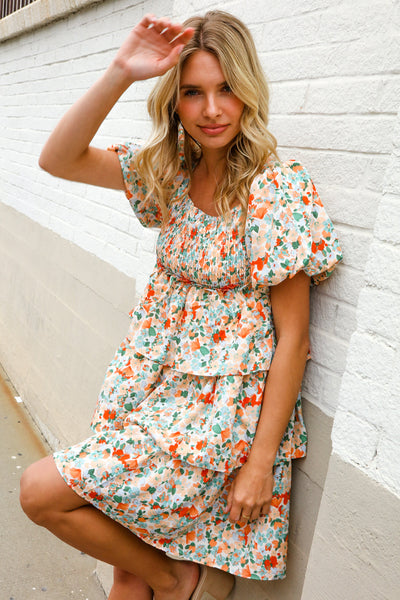 Floral Print Smocked Neck Puff Sleeve Ruffle Tiered Dress - Online Only!