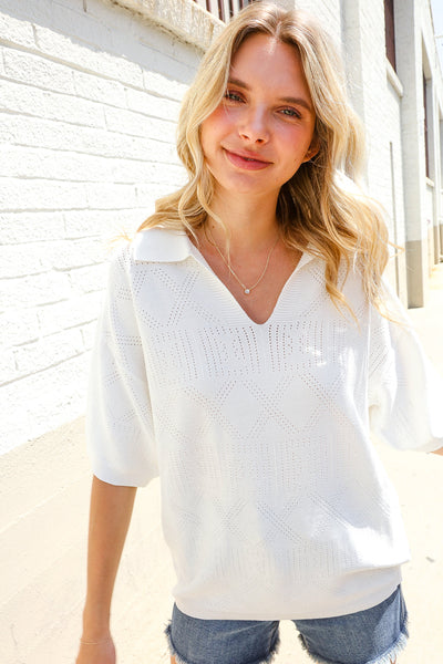 Lock Eyes White Pointelle Collar V Neck Short Sleeve Top - Online Only!