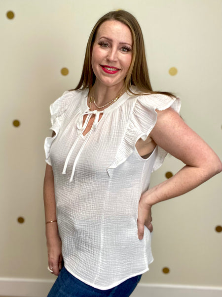 FINAL SALE Ivory Cotton Crinkle Flutter Sleeve Top