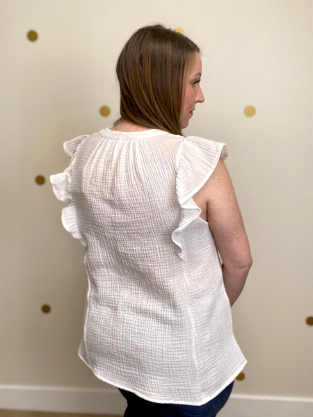 FINAL SALE Ivory Cotton Crinkle Flutter Sleeve Top