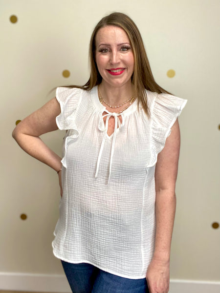 FINAL SALE Ivory Cotton Crinkle Flutter Sleeve Top