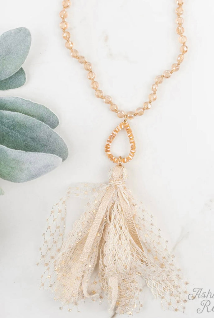 Ivory Beaded Lace Tassel Necklace