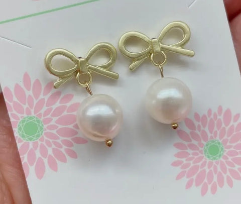 Gold Bow Freshwater Pearl Earrings