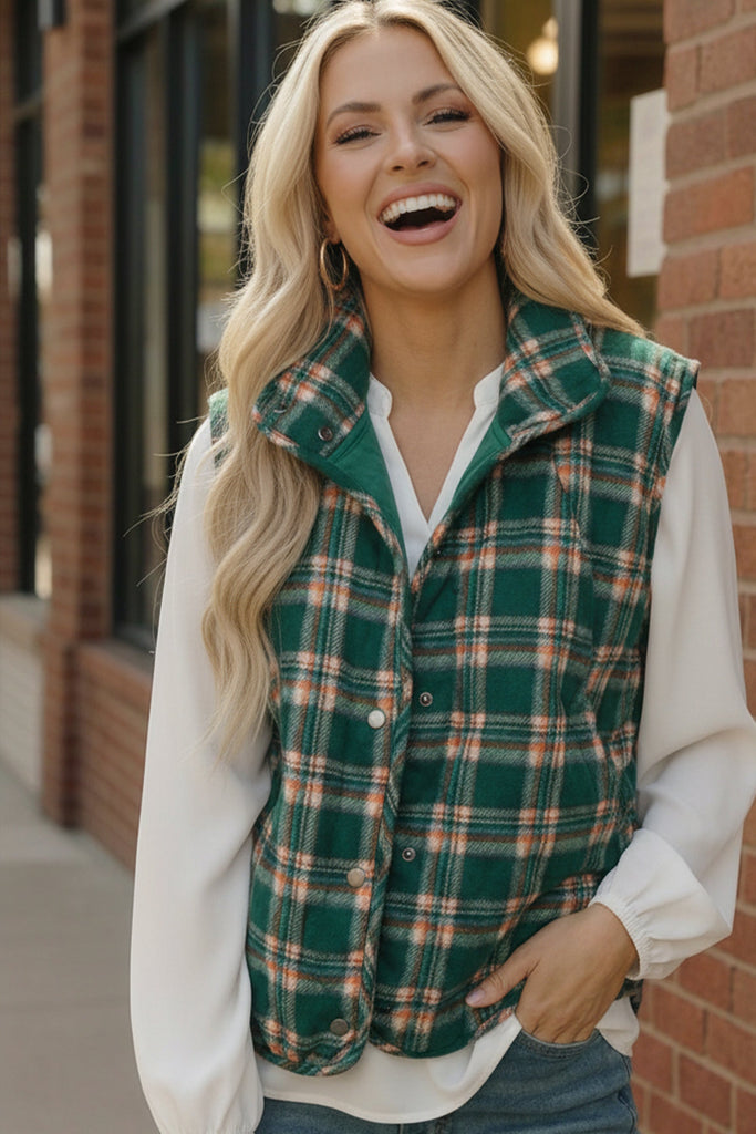 Put Together Evergreen Plaid Quilted Puffer Vest - Online Only!
