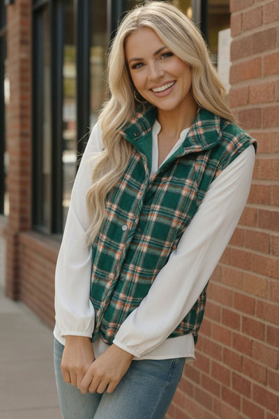 Put Together Evergreen Plaid Quilted Puffer Vest - Online Only!