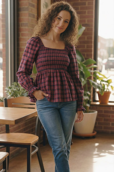 Sweetheart Smocked Cranberry Plaid Top - Online Only!