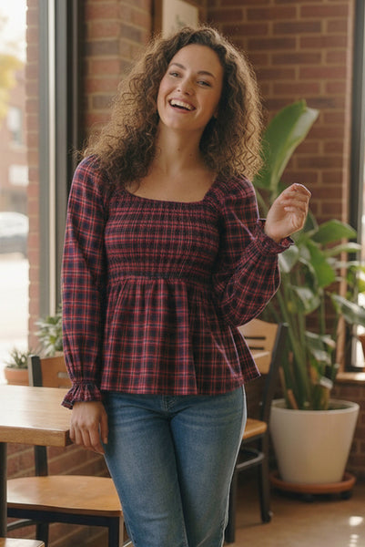 Sweetheart Smocked Cranberry Plaid Top - Online Only!