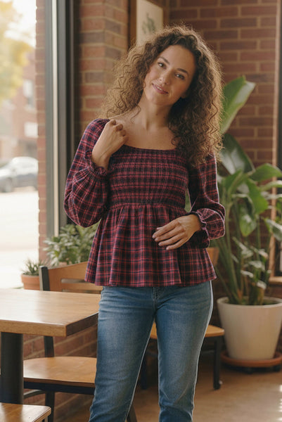 Sweetheart Smocked Cranberry Plaid Top - Online Only!