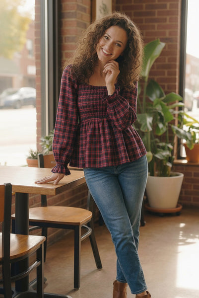Sweetheart Smocked Cranberry Plaid Top - Online Only!
