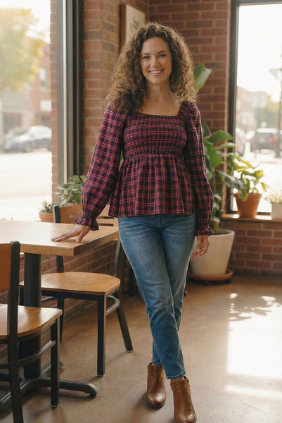 Sweetheart Smocked Cranberry Plaid Top - Online Only!