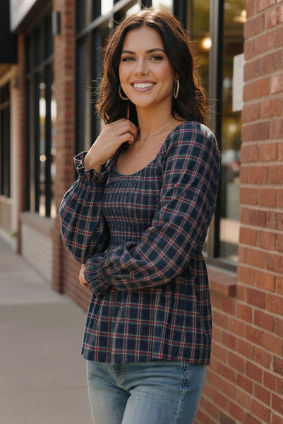 Sweetheart Smocked Navy Plaid Top - Online Only!