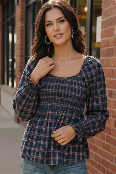 Sweetheart Smocked Navy Plaid Top - Online Only!
