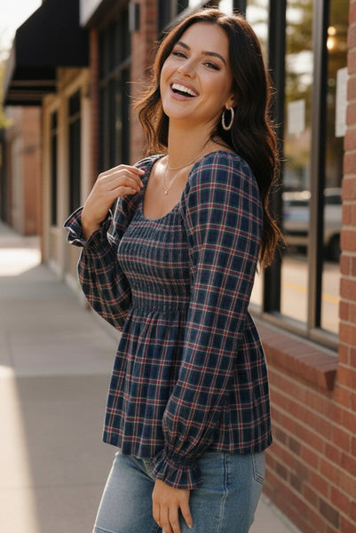 Sweetheart Smocked Navy Plaid Top - Online Only!