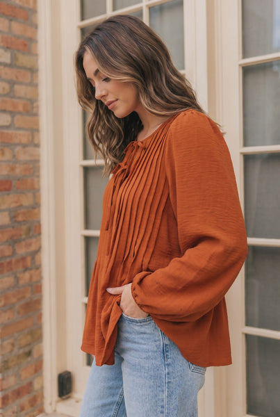 Sipping Apple Cider Tie Neck Blouse