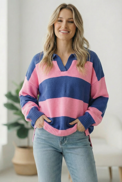 I'll Be On The Sidelines Blue and Pink Sweater