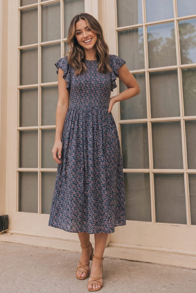 Black Floral Flutter Sleeve Midi Dress