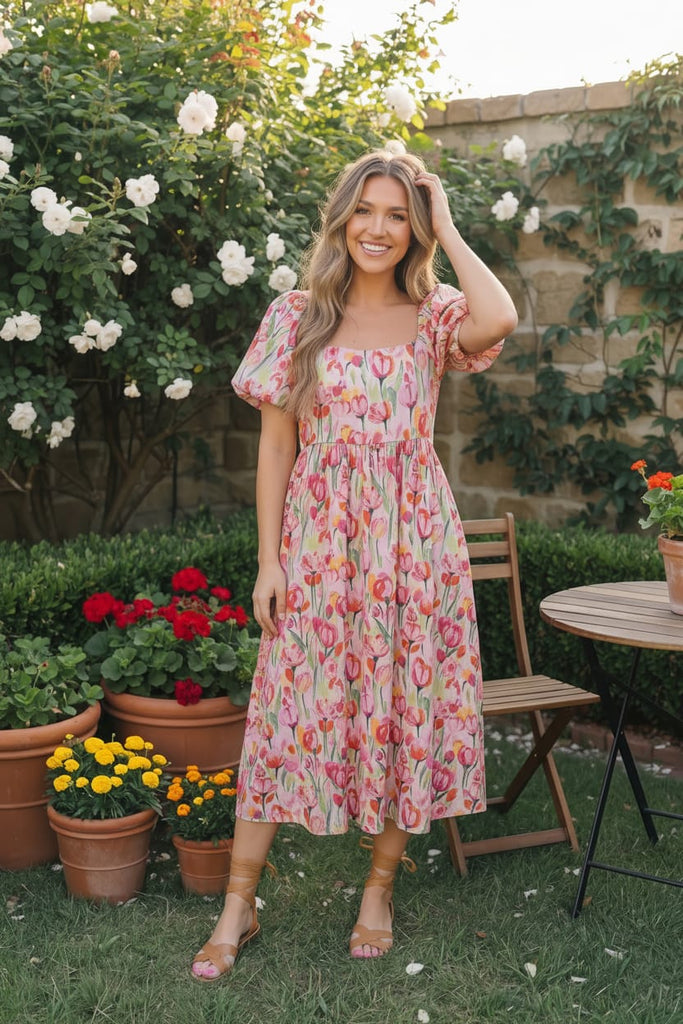 Bouquet of Tulips Pocketed Midi Dress