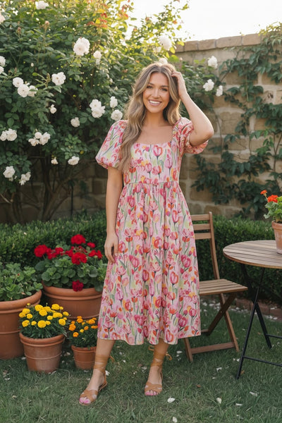 Bouquet of Tulips Pocketed Midi Dress