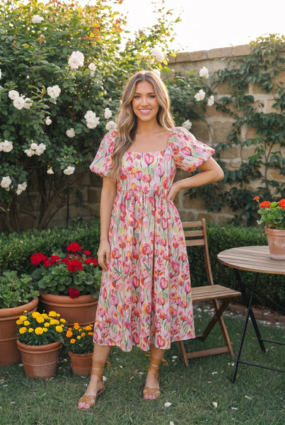 Bouquet of Tulips Pocketed Midi Dress