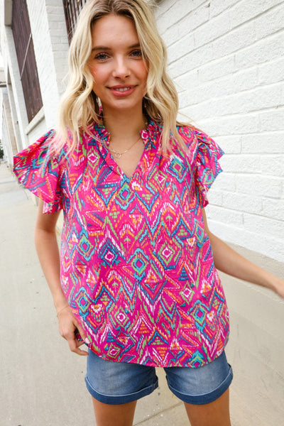 You Got This Fuchsia Abstract Print Notch Frill Neck Blouse - Online Only!