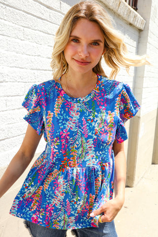 Blue Floral Leaf Print Short Sleeve Babydoll Top - Online Only!