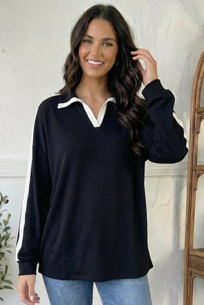 Varsity Vibes Notched Collar Black Top - Online Only!