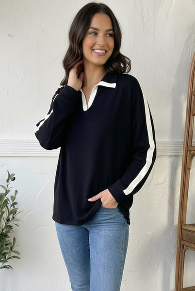 Varsity Vibes Notched Collar Black Top - Online Only!