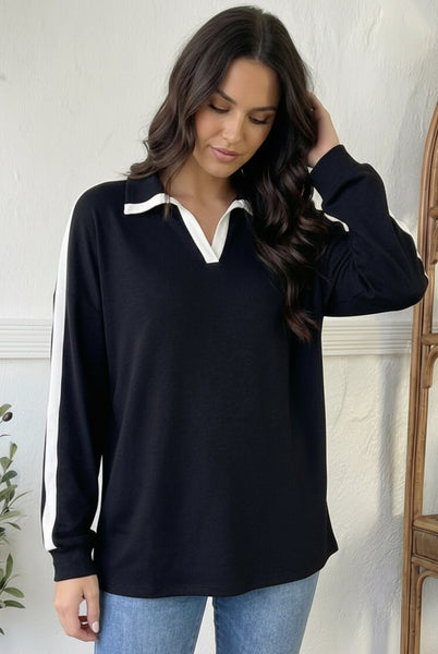 Varsity Vibes Notched Collar Black Top - Online Only!