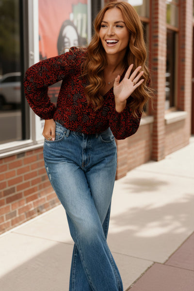 Tangerine Blooms V Neck Blouse - Online Only!