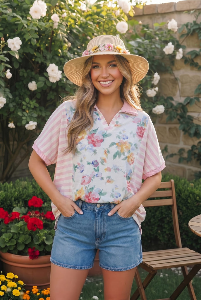 Strawberry Patch Floral and Stripe Mixed Top