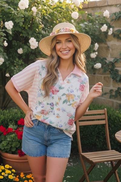 Strawberry Patch Floral and Stripe Mixed Top