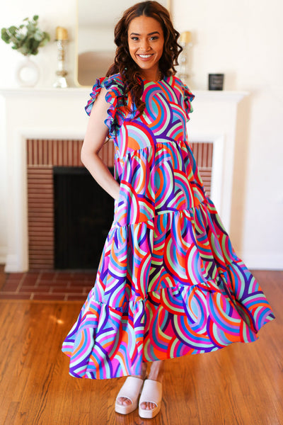 Feel Your Best Purple Abstract Print Smocked Ruffle Sleeve Maxi Dress - Online Only!
